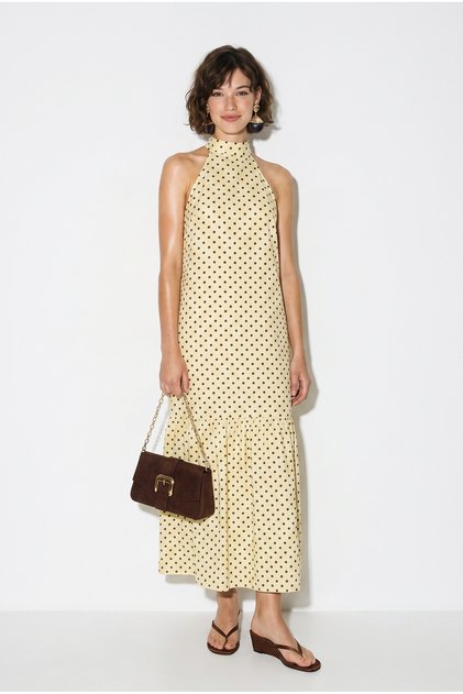 Rochie lungă de damă, galbenă, cu buline, cu guler halter, cu volane la tiv, 382 60286388