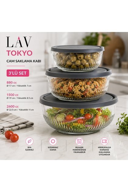 Tokyo Cam Saklama Kabı 3'lü Set 880/1500/2600 cc Gri Kapaklı BPA Free
