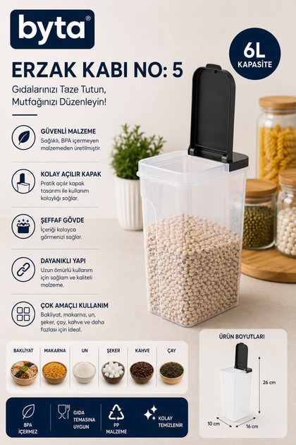 6 L Food Storage Container with Lid Bpa Free Transparent Pasta, Flour, Legumes and Dry Food Storage Container