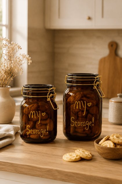 Set of 2 Amber Glass Lockable Vacuum Storage Jars 1 L+1.5 L Airtight Food Container