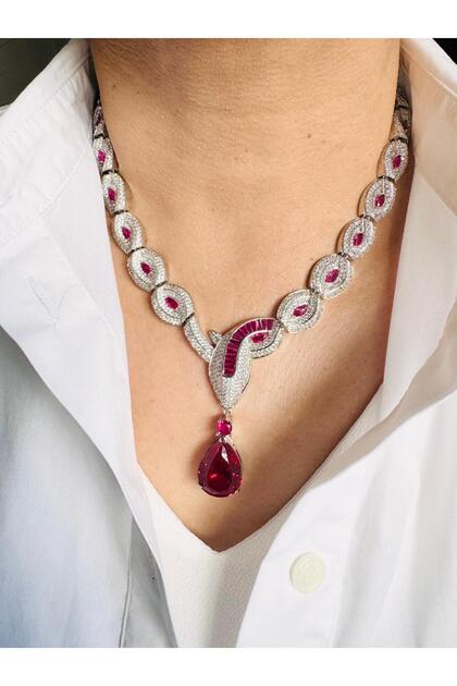 Special Series Fuchsia Zircon Stone Evening Dress Necklace 45 cm