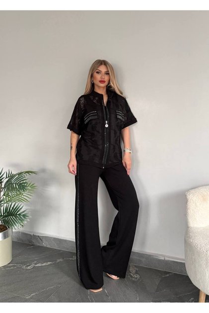 Dantelli Sim Şeritli Cep Detaylı Üçlü Takım
