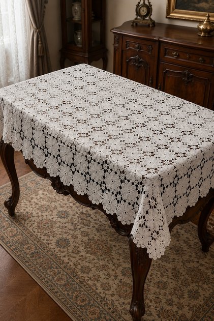Handmade Large Size Vintage Floral and Lace Embroidered Traditional Custom Design Dowry Tablecloth 157.5 cm X 157.5 cm