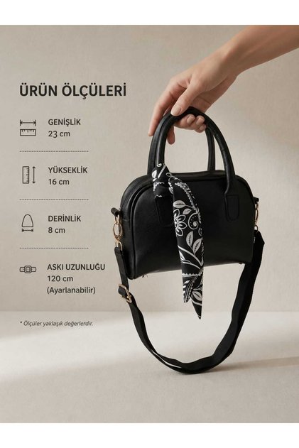 Women's Black Leather Handbag and Cross Shoulder Bag & Scarf Detailed Daily Bag with Adjustable Strap