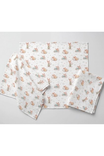 100% Cotton Muslin 3-Piece Sweat Cloth 50X50 cm – Sleepy Rabbit Patterned | Junior Bunnies