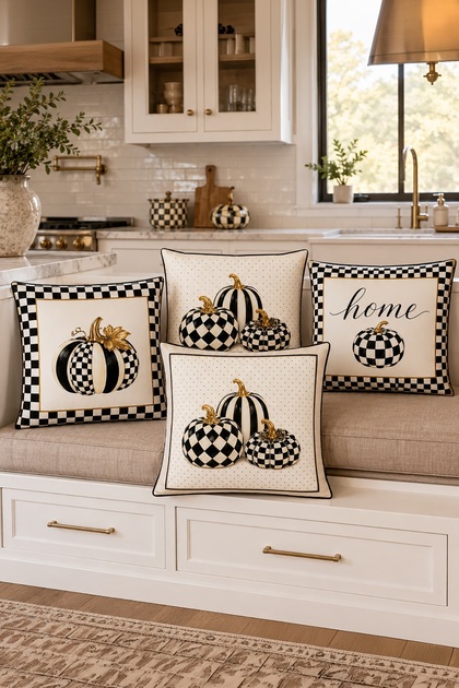 Checkered Pumpkins Patterned 4-Piece Throw Pillow Cover Set