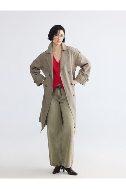 Lcw Vision Khaki Double-Breasted Collar Belted Women's Trench Coat