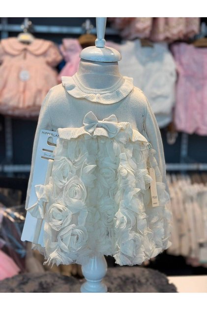 Girl's Rose Decorated Knitwear Dress and Headband - 100% Natural Cotton - Cream