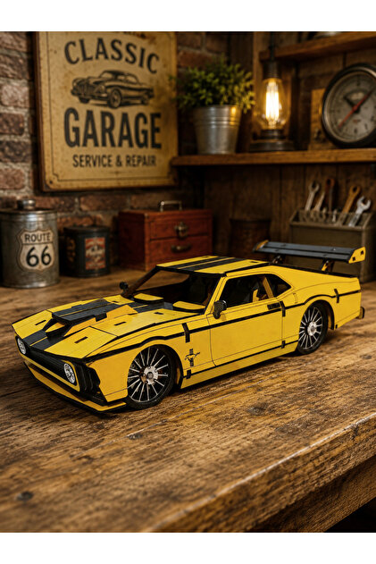 Ahşap Dekoratif -125 Parça 3d Puzzle- Sarı Renk Ford Mustang Spor Araba Maketi