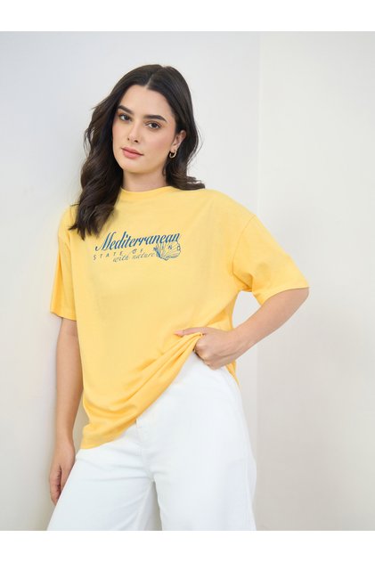 Yellow 100% Cotton Graphic Oversized T-Shirt