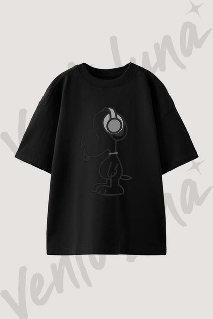 Snoopy Headphones Tasarım Baskılı Unisex Oversize Kalıp Siyah Tshirt