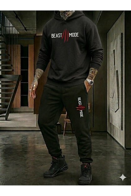 Unisex Beast Mode Printed Hooded Sweatshirt Tracksuit Set