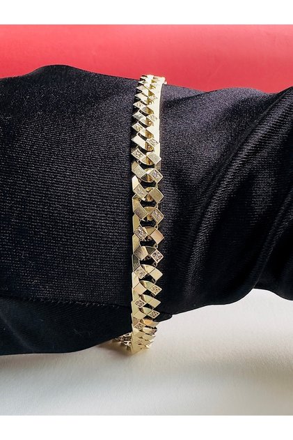14 Ayar Altın Kadın Taşlı Gurmet Zincir Bileklik-Özel İşçilikli Modern Düğün Ve Nişan Kelepçesi 7,32 Gr 7 Mm