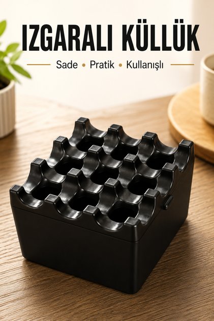 Kapaklı Küllük Izgaralı Kül Tablası Siyah Kare Masaüstü Kül Tabağı Kafe Restoran İçin