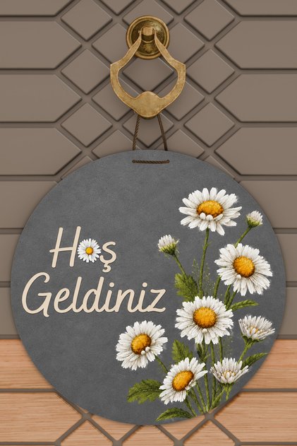 Hoş Geldiniz Yazılı Papatya Temalı Yuvarlak Kapı Süsü Dijital Baskı 30x30 cm