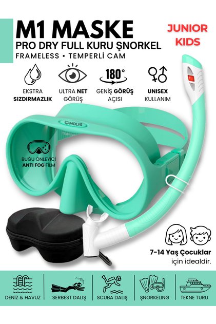 M1 JUNIOR KIDS DALIŞ MASKESİ + PRO FULL DRY TAM KURU ŞNORKEL + MASKE KUTUSU + ANTI FOG (BUĞU ÖNLEYİCİ FİLM) SET