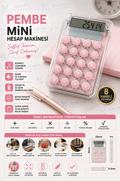 Şeffaf Pembe Mini Hesap Makinesi 8 Haneli LCD Ekran Cep Boy Hesap Makinesi Ofis Okul Masaüstü Hesap Makinesi