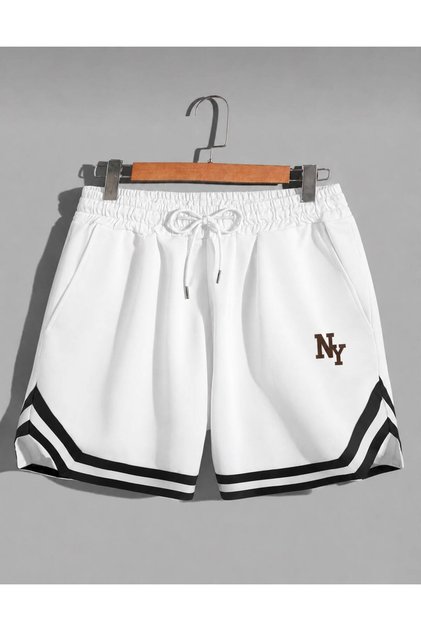 Men's White Ny Print Combed Cotton Shorts Sports Bermuda Striped Basketball Football Fitness Training Running Shorts