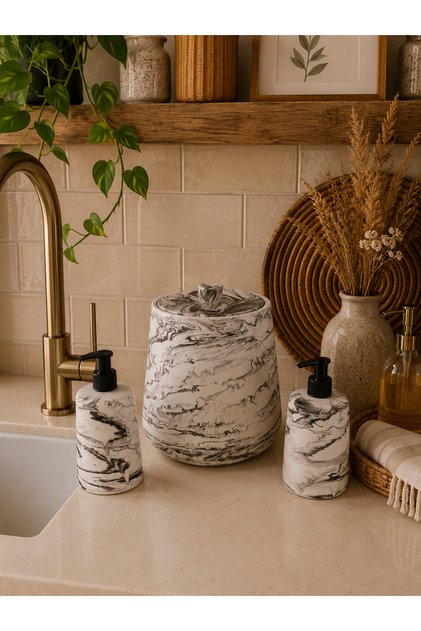 Decorative Marble Pattern Bohemian Style 3-Piece Kitchen Set Countertop Trash Can Liquid Soap Dispenser and Dishwashing Liquid Dispenser Set