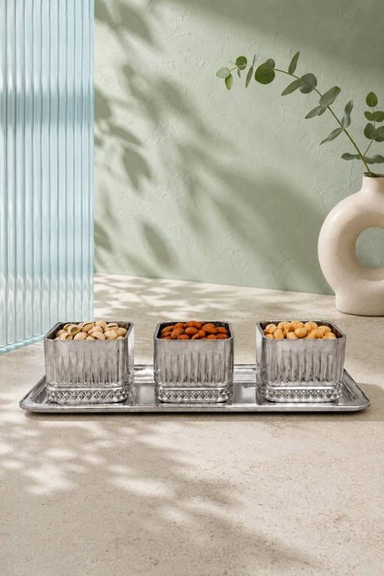3-Piece Glass Snack Bowl + 1 Stainless Steel Tray | Stylish Presentation Set – Dowry Box