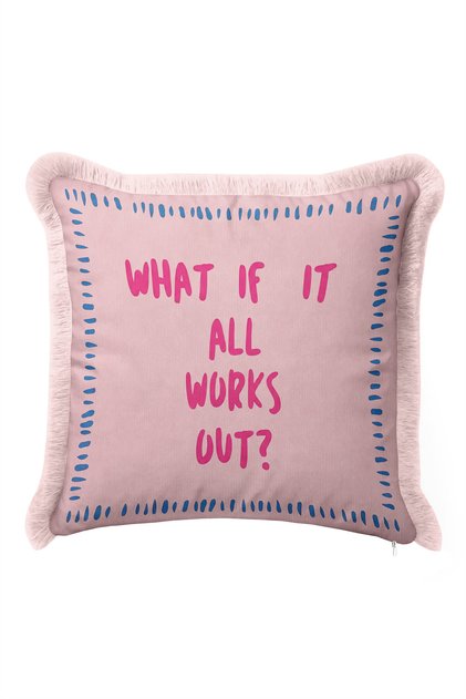 Pop Art Motto Written Fringed Pillowcase - Fun Teen Room Pink Cream Tassel Throw Pillow Cover