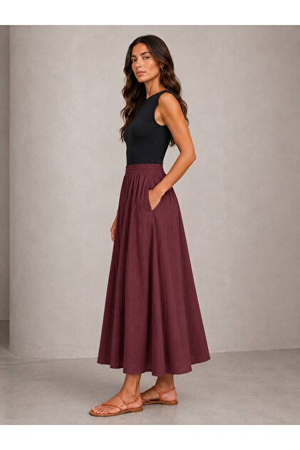 Self-Striped Waist Elasticized Long Skirt with Pockets