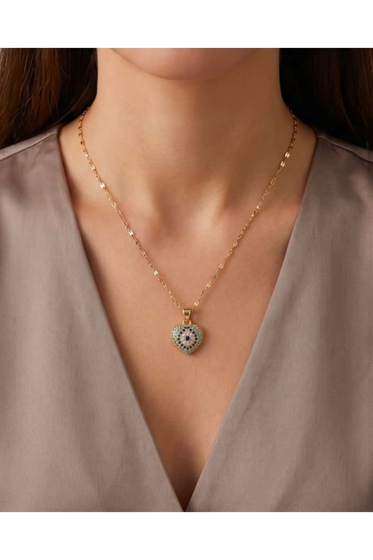 Evamira Zircon Stone Evil Eye Detailed Heart Steel Necklace