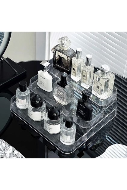 رف عطور ثلاثي الطبقات - مناسب لتخزين العطور، والكريمات، ومنتجات العناية بالبشرة، والعطورات. متين وشفاف، مناسب للمطبخ والحمام وسطح الطاولة وتخزين الخزائن.