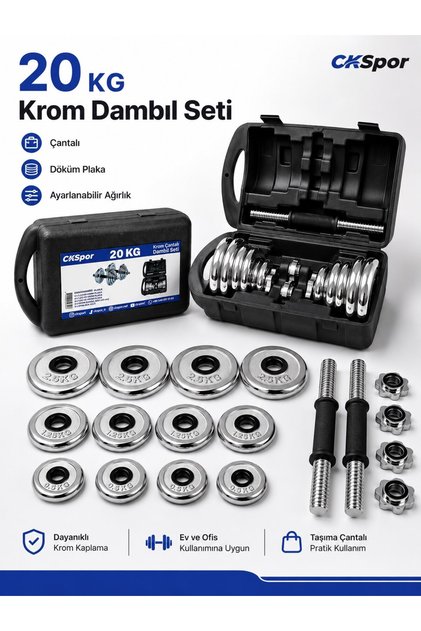 CKSPOR LUXURY 20 Kg Krom Dambıl Seti Çantalı Döküm Plaka