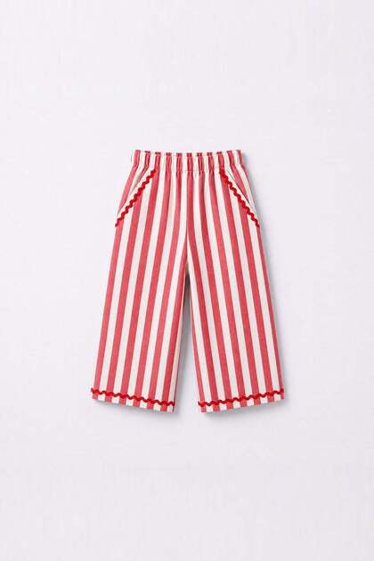 Girl's Cotton Red Striped Wide-Leg Pants