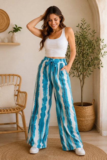 Women's Wrinkled Fabric Striped Palazzo Trousers - Comfortable Cut with Pockets and Laces - Blue Color