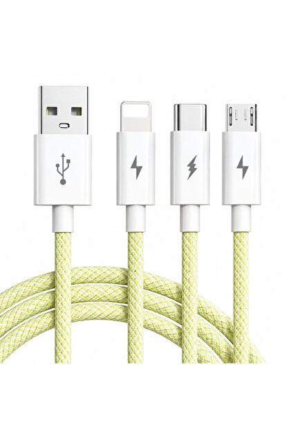 USB кабел 3 в 1, Flippy, 100W, съвместим с Android и iPhone, за зареждане и пренос на данни, с текстилна оплетка, жълт
