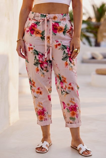 Italian Pink Pocketed Lycra Floral Printed Elastic and Tie-Waist Narrow Leg Woven Trousers 97 60