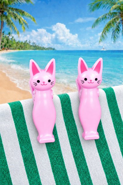 2-Pack Cat Beach Towel Clips - Cat Beach Towel Clips - Carpet Clips - Towel Fixers - Table Clips - Pink Cat Figured Towel Clips