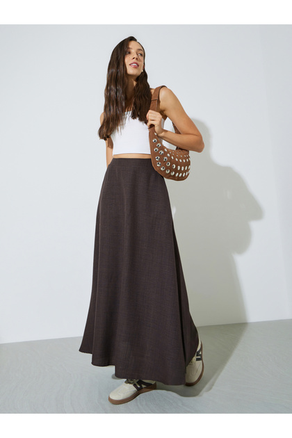 Brown Side Pocket Detail A-Line Maxi Skirt
