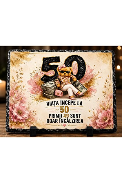 Ardezie Personalizată – „Viața începe la 50” – Cadou aniversare 50 de ani pentru femeie