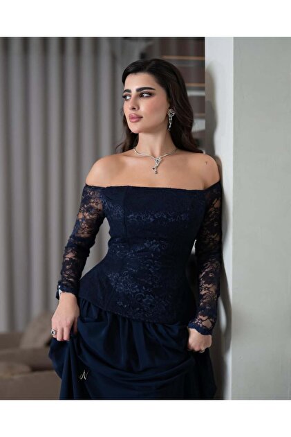 Dark Blue Dress with Bare Shoulders, Lace Corset, and a Wide Skirt.
