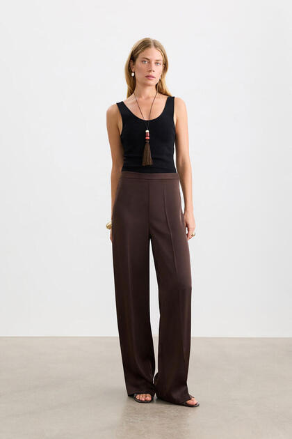 Brown Iron-Look Satin Pants