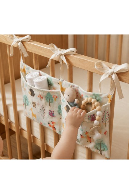 Nunuco Atelier Crib Side Organizer – Baby Crib Hanger with Pockets, Toy and Diaper Organizer