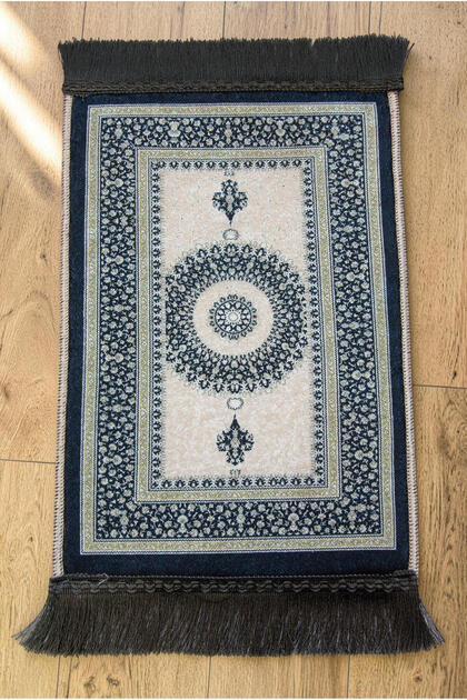 Mini Forehead Prayer Mat with Non-Slip Base and Patterned Pocket Type Travel Prayer Mat - Navy Blue / Cream