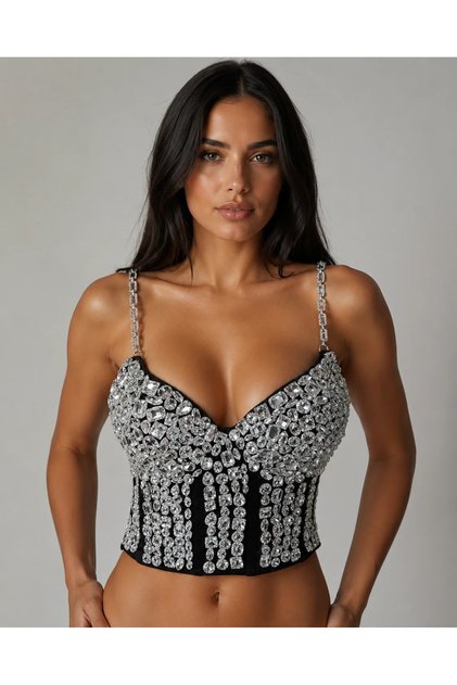 Design Large Crystal Stone Chain Strap Black Corset Bustier