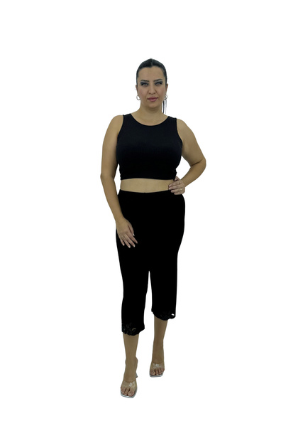 Plus Size Lycra Elastic Waist Tube Leg Embroidery Detailed Thin Viscose Women's Capri Leggings