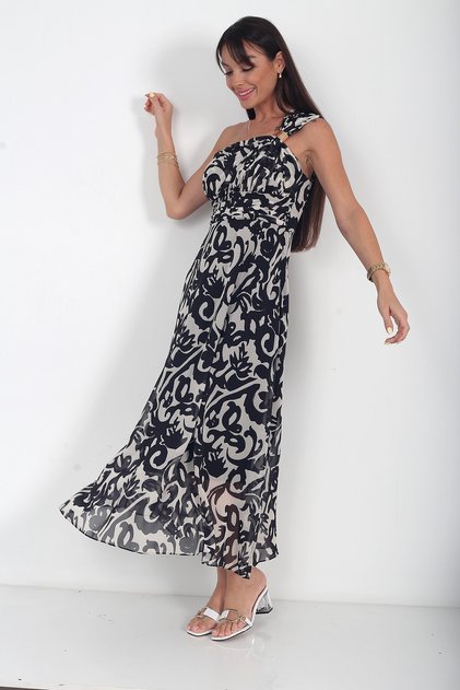 Women's Helentek Shoulder Buckle Detailed Lined Ethnic Pattern Long Chiffon Dress
