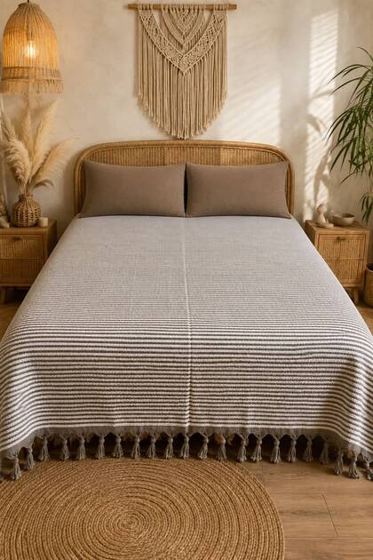 Hce | Fringe Tied Bohemian Bedspread 1 Piece Modern Double Bedspread Pique 200X230 Decorative Double Bedspread Brown