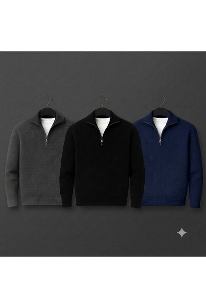 3-Piece Advantageous Set Winter Stand-Up Collar Sweater Thick Cotton Comfortable Half-Zipper Quality Basic Knitwear