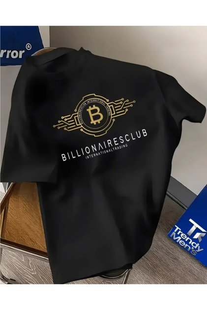 Men's T-Shirt, Printed T-Shirt, Bitcoin Pattern, Billionaires Club, Crew Neck, Short Sleeve, Casual Wear, Modern Design.