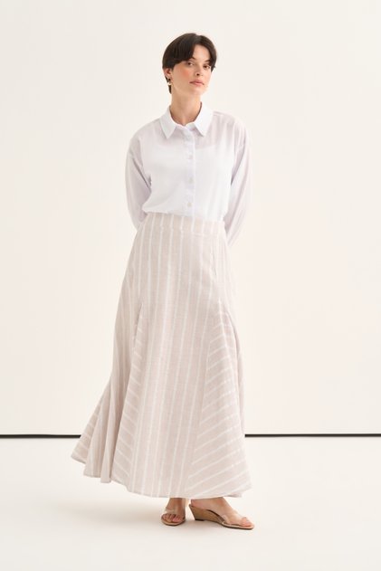 Women's Cotton Pieced Flounce Skirt Striped Beige