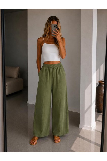 Kadın Beli Lastikli Bol Paça Gabardin Pantolon