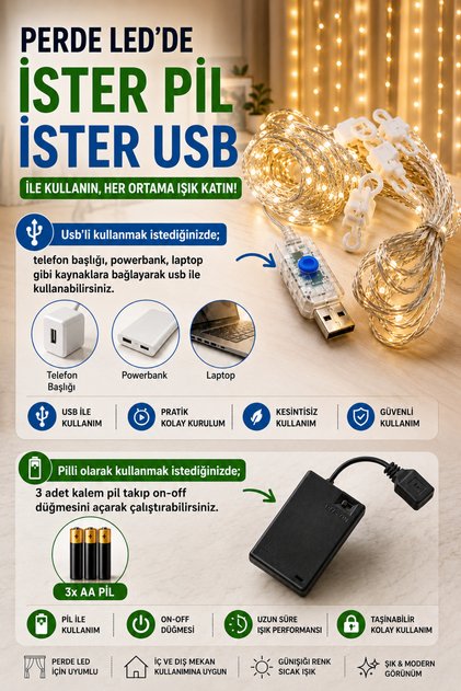 Dekoratif Perde Led Hem Pilli Hem Usbli Kumandalı 8 Mod Animasyonlu Led Işık 3x3 Metre Peri Perde Ledi Dekoratif