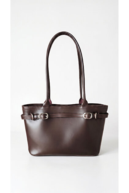 Women's Stylish Daily Shoulder and Arm Tote Bag with Belt Detail, Large Internal Volume, Double Handle, and Buckle